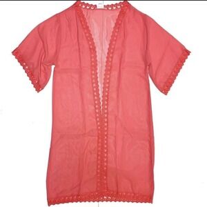 Small Lularoe Chloe coral pink Kimono  Overlay Lace Trim fits 0/8